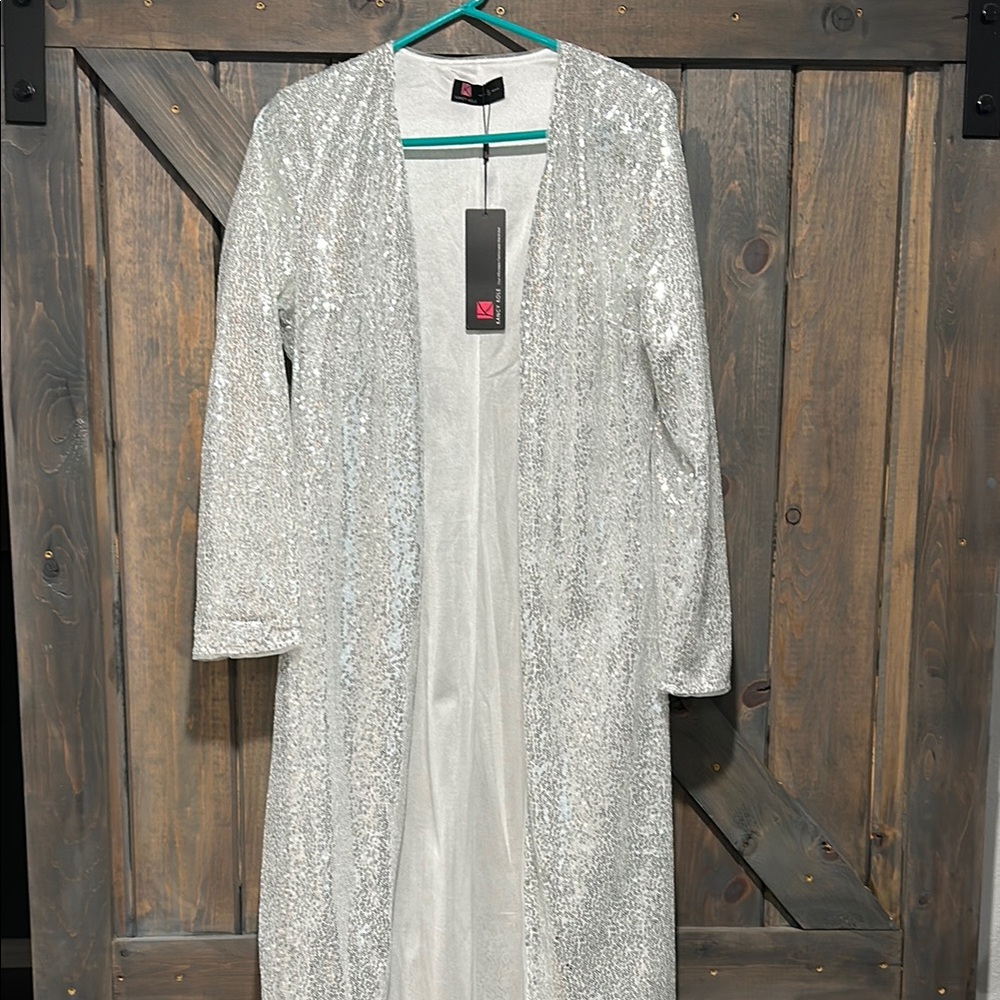 Silver Sequin Long Cardigan